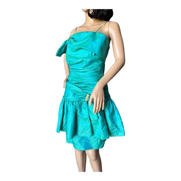 1980s Darcy Teal Iridescent Ruffled Prom Dress – Gold Accents, ILGWU small - Picture 8 of 14